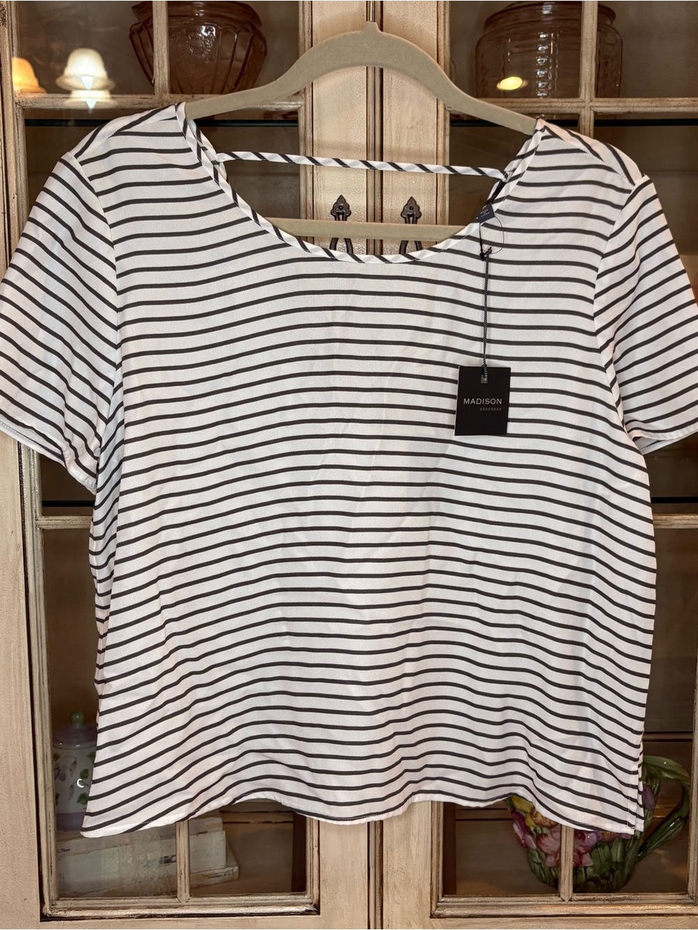 Madison White and Black Striped Short Sleeve Tee